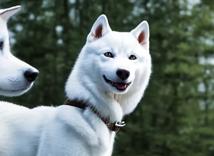 Image similar to film still of an anthropomorphic upright white vested husky in a white vest wearing a white vest in the new sci - fi movie, 8 k