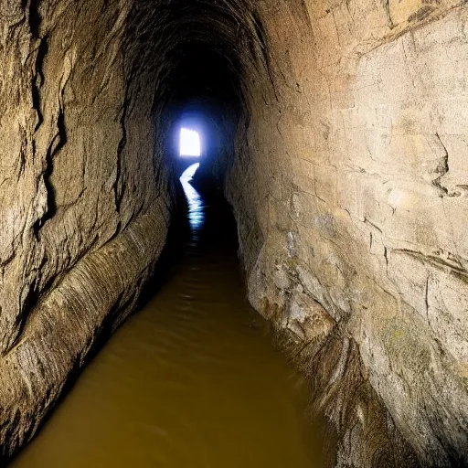 Prompt: this tunnel stretches out before you. it is too dark to see the end, but you can hear the distant roar of rushing water. roots dangle from the sandy walls as you walk, and your footsteps echo throughout this passage.