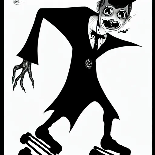 Image similar to black and white trippy comic art of full body depiction of dracula the vampire roller skating on roller skates, drawn by martin rowson, tim burton, alex pardee, nekro petros afshar, james mcdermott, frank moth, cgsociety, awesome, stunning, 4 k