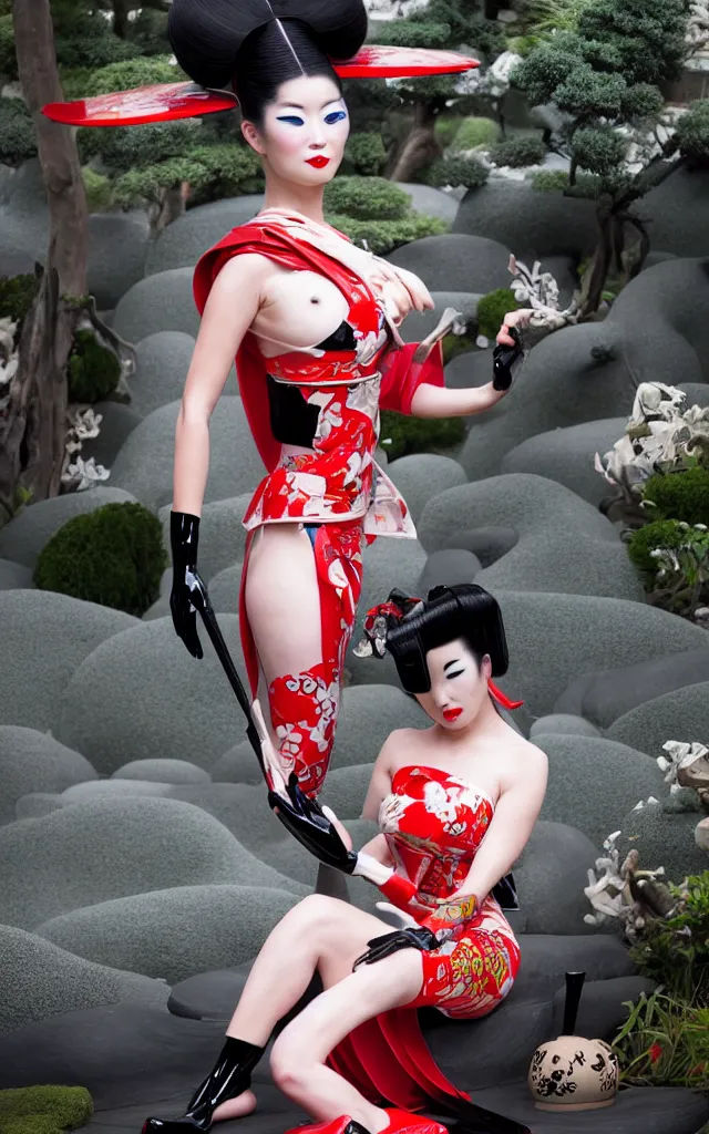 Prompt: a futuristic fetish geisha wearing a latex tomesode with traditional japanese pattern, heavy black okobo shoes, in a futuristic zen garden, 4 k