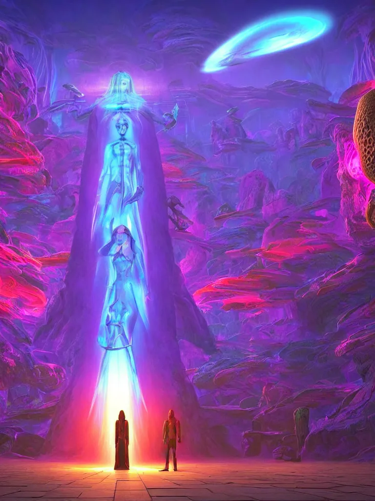 Prompt: entrance to matrix ethereal realm, shiva sentient, rendered in unreal engine, central composition, symmetrical composition, dreamy colorful cyberpunk colors, 6 point perspective, fantasy landscape with anthropomorphic terrain in the styles of igor morski, jim warren and rob gonsalves, intricate, hyperrealistic, volumetric lighting, neon ambiance, distinct horizon