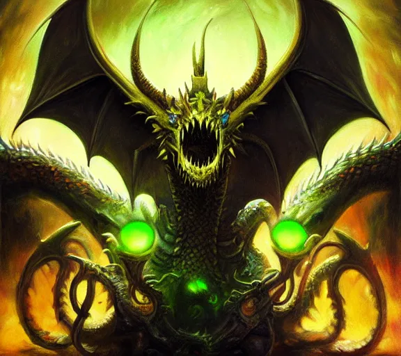 Prompt: yellow dragon, oil painting by seb mckinnon, mtg, hearthstone, side - view, dragon skull with ram horns and glowing green eyes, stark shadows