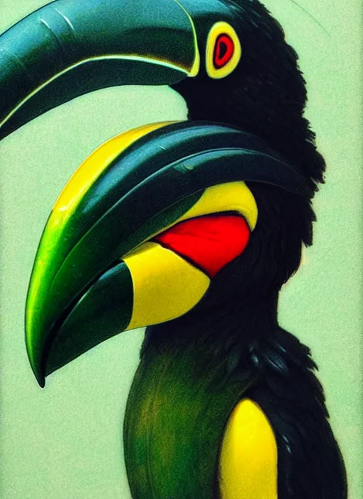 Prompt: close up portrait of large anthropomorphized toucan by artgerm, cushart krenz, greg rutkowski, mucha. art nouveau. gloomhaven, swirly liquid ripples, green tones, vibrant colors, sharp edges. ultra clear detailed. 8 k. elegant, intricate, octane render