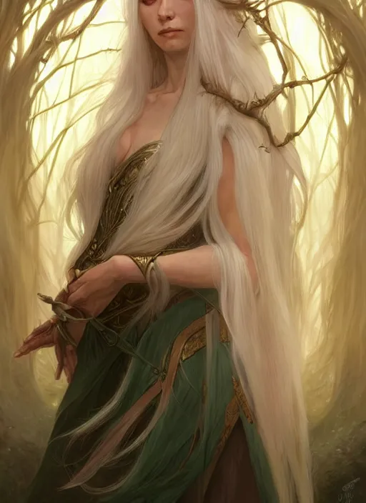 Image similar to portrait of a fantasy elf female sorceress queen with long white hair flowing wind in an ancient forest filled with magic, highly detailed, digital painting, artstation, smooth, sharp focus, illustration, art by artgerm and greg rutkowski and alphonse mucha