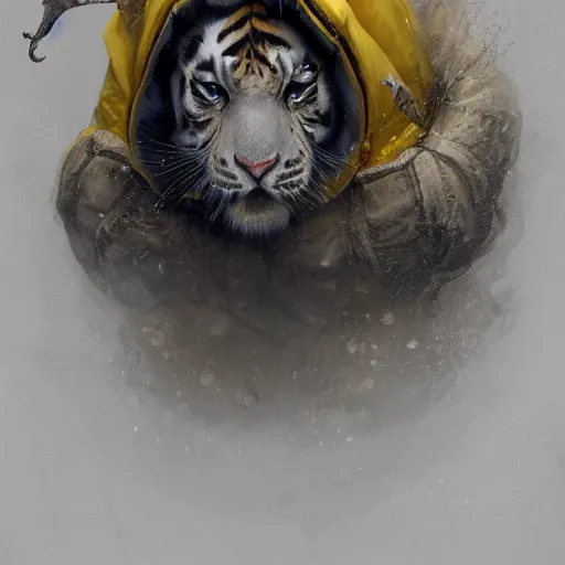 Image similar to a beautfiul award winning aesthetic commission of an antrho albino tiger wearing a yellow-black padded hooded puffer jacket,digital art,art by greg rutkowski,character design by charles bowater,ross tran,photorealistic,detailed face,hyperdetailed,western comic,2021,artstation,deviantart