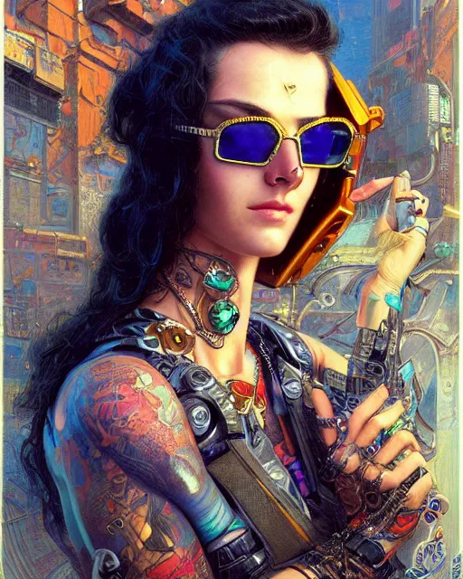 Prompt: an attractive cyberpunk girl with tattoos wearing sunglasses and a patterned dress surrounded by geometric patterns. highly detailed painting by gaston bussiere, craig mullins, j. c. leyendecker 8 k