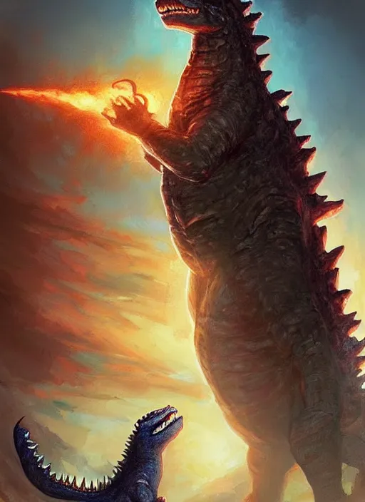 Image similar to beautiful portrait of Godzilla eating a beef and bean burrito from chipotle. character design by charlie bowater, ross tran, artgerm, and makoto shinkai, detailed, inked, western comic book art