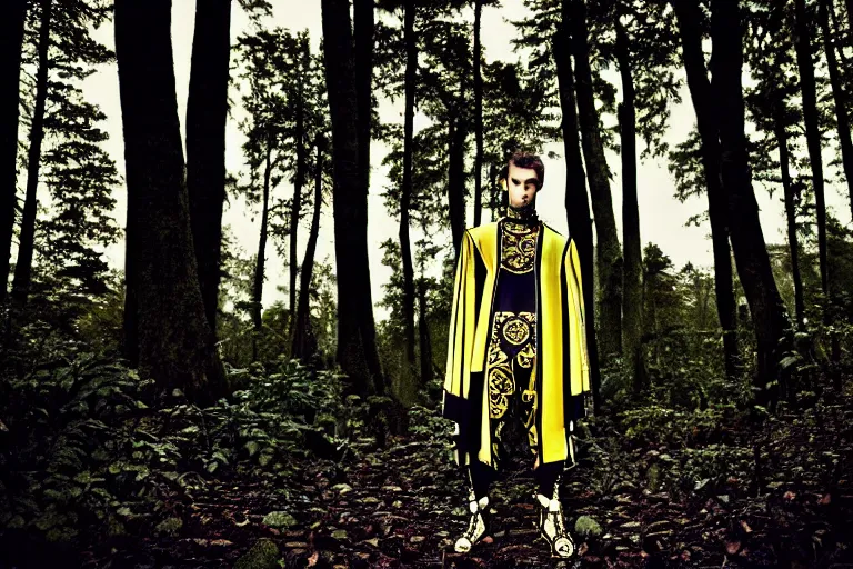 Image similar to versace avant garde male tunics intricate choatic textiles streetwear cyberpunk posing in the woods trees cloudy overcast dark late evening dramatic mysterious 3 5 mm professional