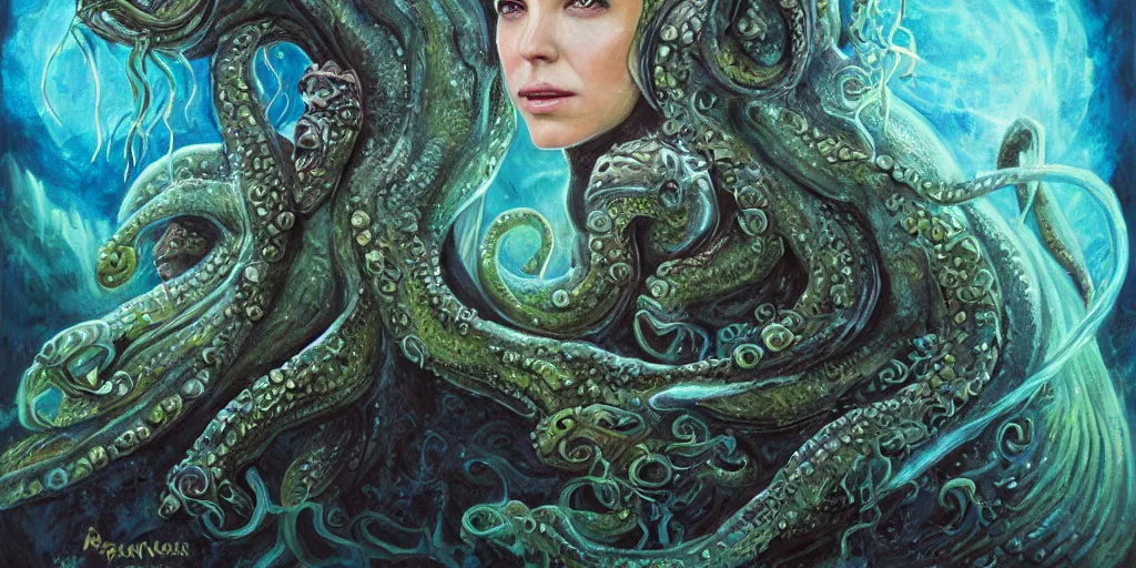 Image similar to Fantasy fairytale style portrait painting, Great Leviathan Turtle, cephalopod, Cthulhu Squid, hybrid, Mythic Island, center Universe, accompany Cory Chase, Blake Lively, Anya_Taylor-Joy, Grace Moretz, Halle Berry, Mystical Valkyrie, Anubis-Reptilian, Atlantean Warrior, hybrid, intense fantasy atmospheric lighting, digital oil painting, hyperrealistic, François Boucher, Michael Cheval, Oil Painting, Cozy, hot springs hidden Cave, candlelight, natural light, lush plants and flowers, Spectacular Mountains, bright clouds, luminous stellar sky, outer worlds, Jessica Rossier, michael whelan, William-Adolphe Bouguereau, Solar Flare HD,