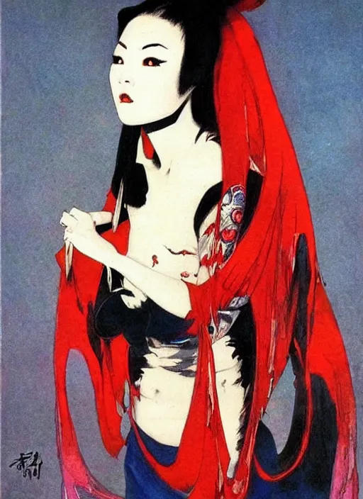 Image similar to portrait of mighty korean vampiress, jeweled veil, strong line, saturated color, beautiful! coherent! by frank frazetta, high contrast, minimalism