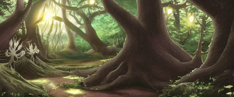 Image similar to detailed exterior of a dark mystical forest, anime key visual