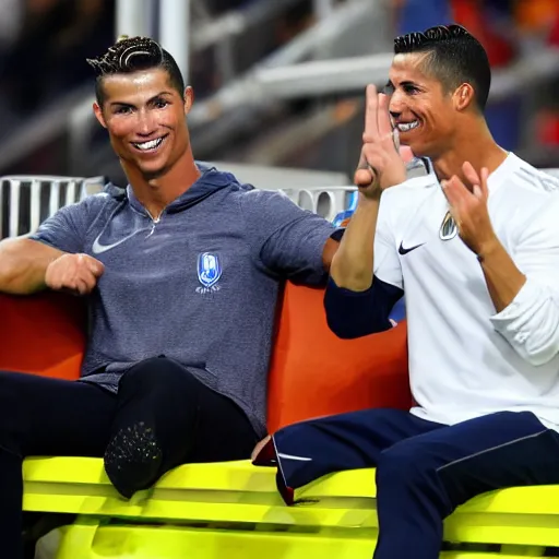 Image similar to cristiano ronaldo smiling sitting on the bench and waving his hand
