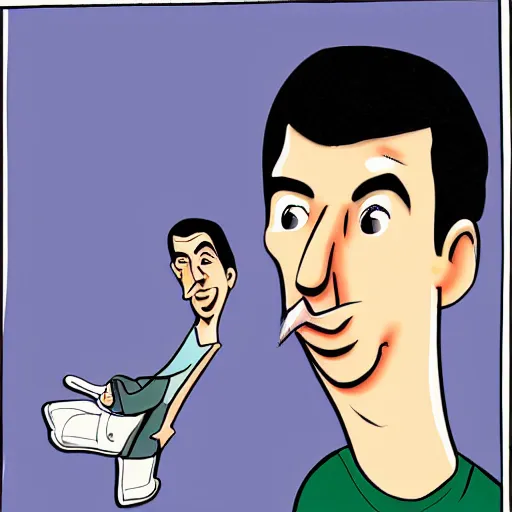 Prompt: detailed cartoon portrait of nathan fielder peeping tom, sharp high quality