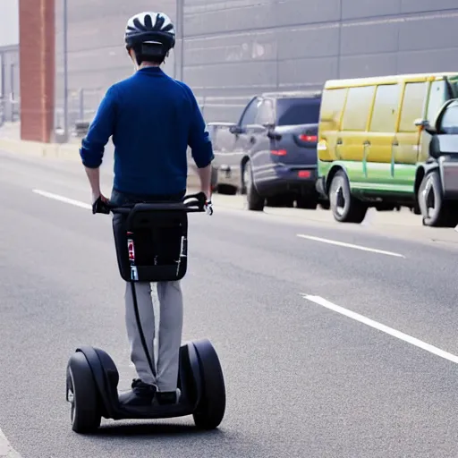 Image similar to human segway driving through an industrial environment delivering packages