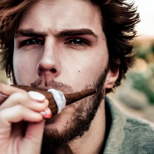 Image similar to a closeup photo of handsome gigachad elrubius smoking a cigar