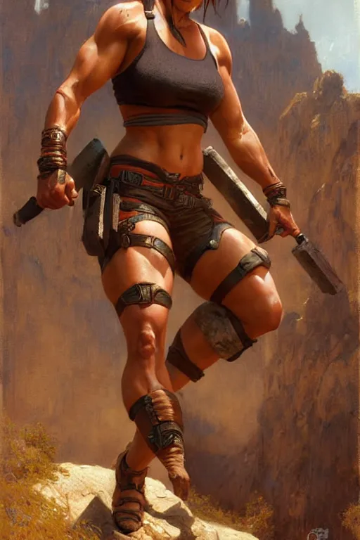 Image similar to muscular sweat lara croft, highly detailed painting by gaston bussiere, craig mullins, j. c. leyendecker 8 k