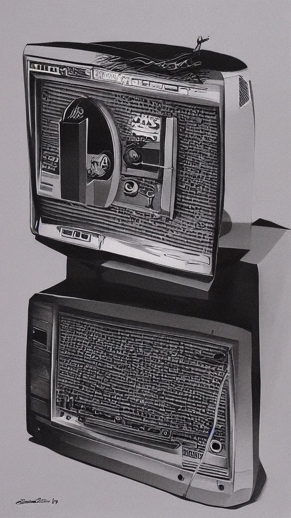 Prompt: 1 9 8 0 s airbrush surrealism illustration of a radio by dennis magdich