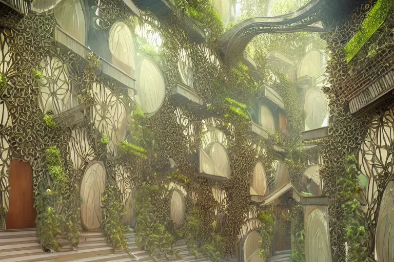 Prompt: elegance, foliage overgrowing favela honeybee hive, art nouveau environment, award winning art, epic dreamlike fantasy landscape, ultra realistic,