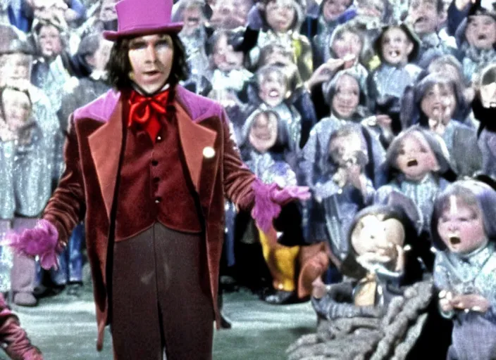 Image similar to film still of Christian Bale as Willy Wonka in Willy Wonka and the Chocolate Factory 1971