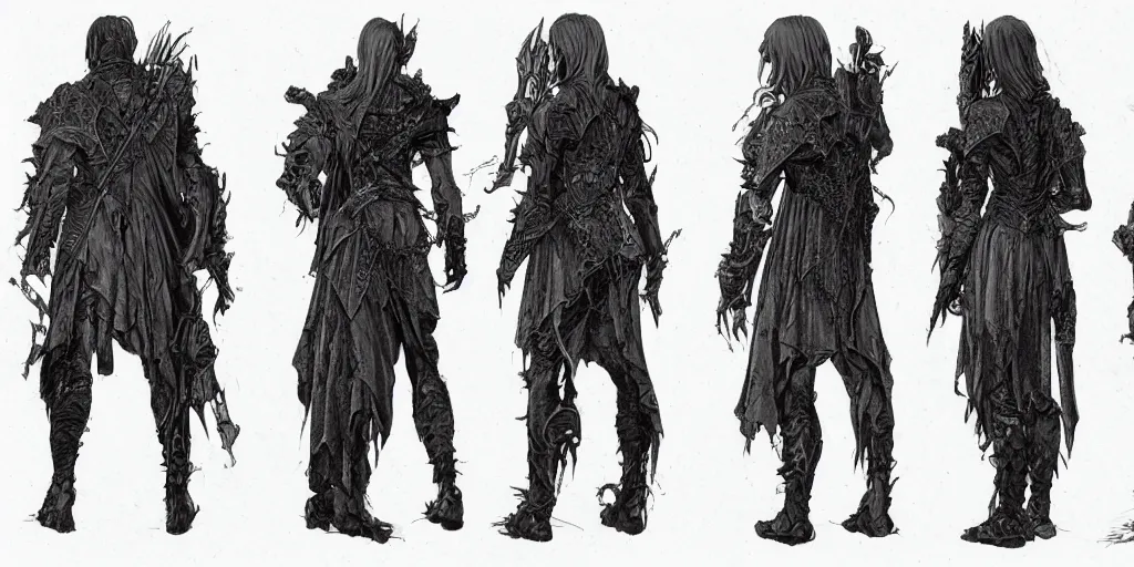 Prompt: gothic character back view detail designs, Barry Windsor Smith, Milo Manara, Greg Rutkowski, character sheet, Darek Zabrocki, Karlkka, Jayison Devadas, Phuoc Quan, trending on Artstation, 8K, ultra wide angle, pincushion lens effect
