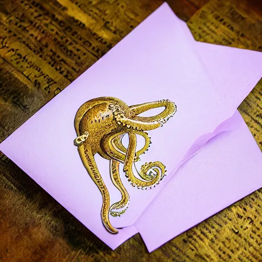 Image similar to close - up lilac envelope letter stamped with a wax seal with an octopus emblem, intricate hyper detailed ultra sharp, sharp focus, global illumination, painting, museum, masterpiece, vermeer, radiant light, 4 k, ultra hd,