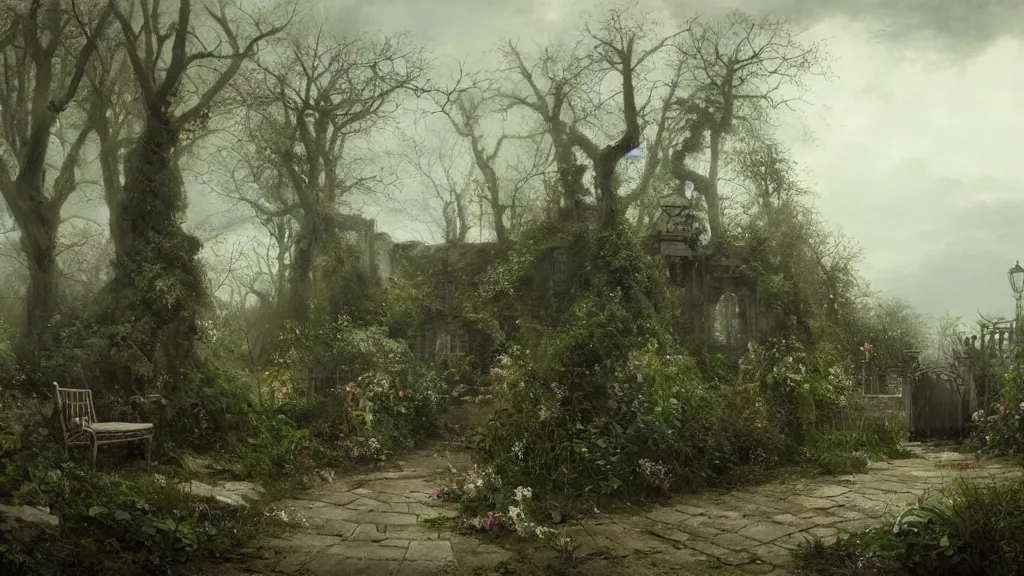 Image similar to the secret garden is barren. the hidden garden is barren. private barren garden. overcast. no flowers. weeds, sticks. andreas achenbach, artgerm, mikko lagerstedt, zack snyder, tokujin yoshioka