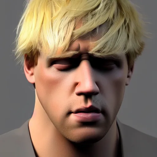 Image similar to muscular chad gigachad boris johnson with thick blonde hair, boris johnson as a chad with thick blonde hair, strong jawline, good posture, realistic, hyperrealistic, 8 k resolution, highly detailed, very detailed, hd quality, intricate details, trending on artstation
