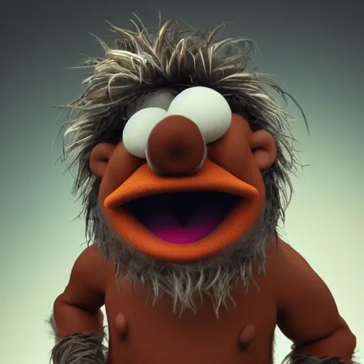 Image similar to a still of a forgotten muppet character looking very manly and modern, hilarious, laughing, hairy chest, huge chin, manly monster tough guy, roughled fur, photo real, photographic, photograph, artstation, trending, featured