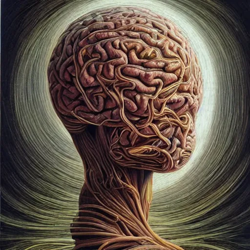 Prompt: Painting, Creative Design, Human brain, Biopunk, Body horror, by Peter Gric