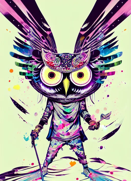 Image similar to arrogant elegant medium shot of white one - eyes owl dressed in samurai garment, pixiv fanbox, dramatic lighting, maximalist pastel color palette, splatter paint, pixar and disney exploded - view drawing, graphic novel by fiona staples and dustin nguyen, peter elson, alan bean, wangechi mutu, clean cel shaded vector art, trending on artstation