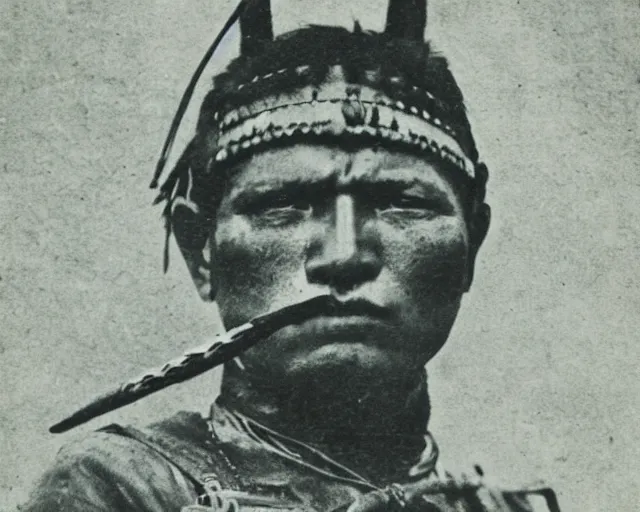 Prompt: old antique photo of an apache warrior