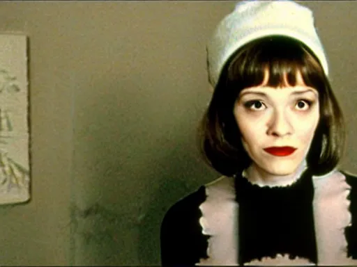 Image similar to film still of a beautiful beatnik girl staring into space, anna karina, mary louise parker, vintage fashion