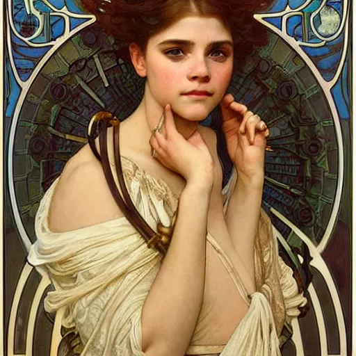 Prompt: detailed portrait art nouveau painting of a humanoid cyborg Chloe Grace Moretz, and Emma Watson with anxious, piercing eyes, by Alphonse Mucha, Michael Whelan, William Adolphe Bouguereau, John Williams Waterhouse,and Donato Giancola