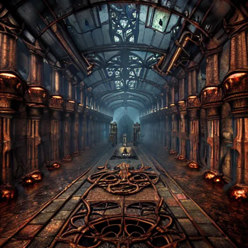 Image similar to steam necropolis, memento mori, gothic, neo - gothic, art nouveau, hyperdetailed copper patina medieval icon, stefan morrell, philippe druillet, ralph mcquarrie, concept art, steampunk, unreal engine, detailed intricate environment, octane render, moody atmospherics, volumetric lighting, ultrasharp, ominous, otherworldly