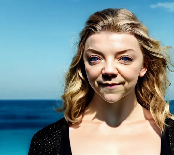 Prompt: portrait of confident natalie dormer, overhead angle, wide opened eyes, queasy smile, next to a mirror, wearing pearl neon bikini, full hd, uhd, 4 k, 8 k, 1 6 k, 1 petapixel image, nasa quality.