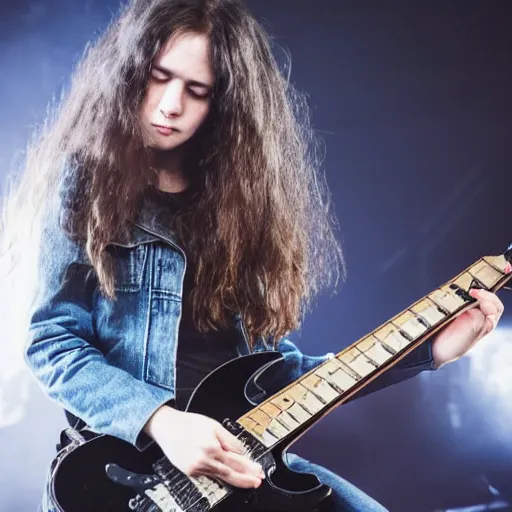 Prompt: 1 9 - year - old girl with wavy long hair, wearing black leather jacket and denim jeans, holding electric guitar, stoner rock, doom metal, concert, live concert footage