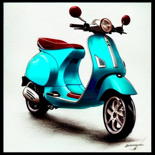 Image similar to a turquoise vespa moped, ultra realistic, concept art, intricate details, detailed, photorealistic, pencil and watercolor, art by artgerm and greg rutkowski