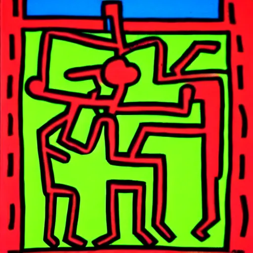 Image similar to a painting of a eerie cabin in the middle of the woods in the style of keith haring