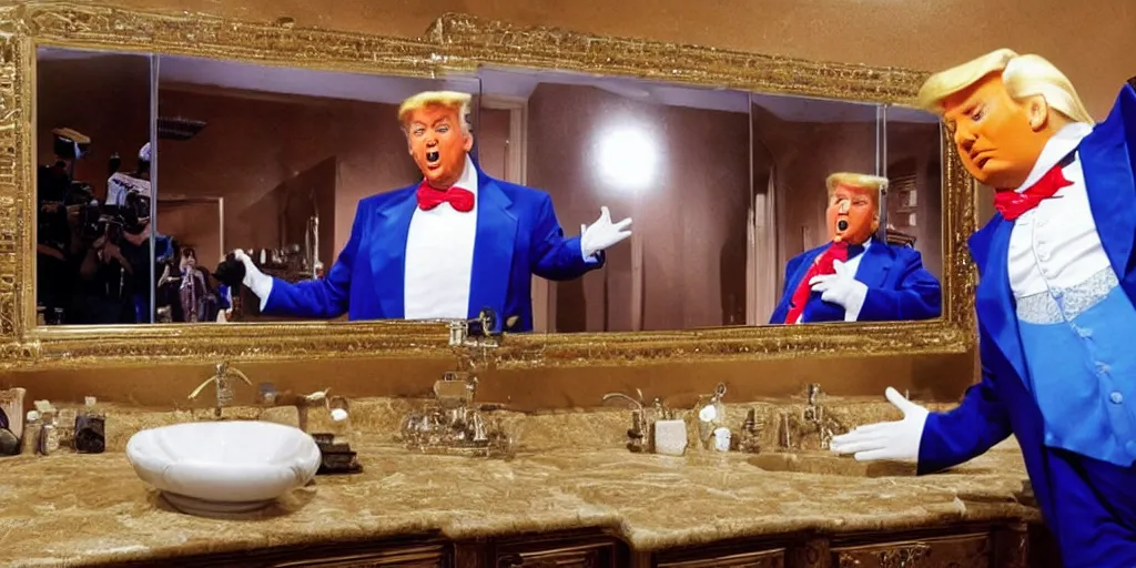 Image similar to ultra wide angle photo of donald trump dressed as willy wonka, from willy wonka and the chocolate factory, looking at himself in a bathroom mirror and seeing his reflection as an oompa loompa version of himself