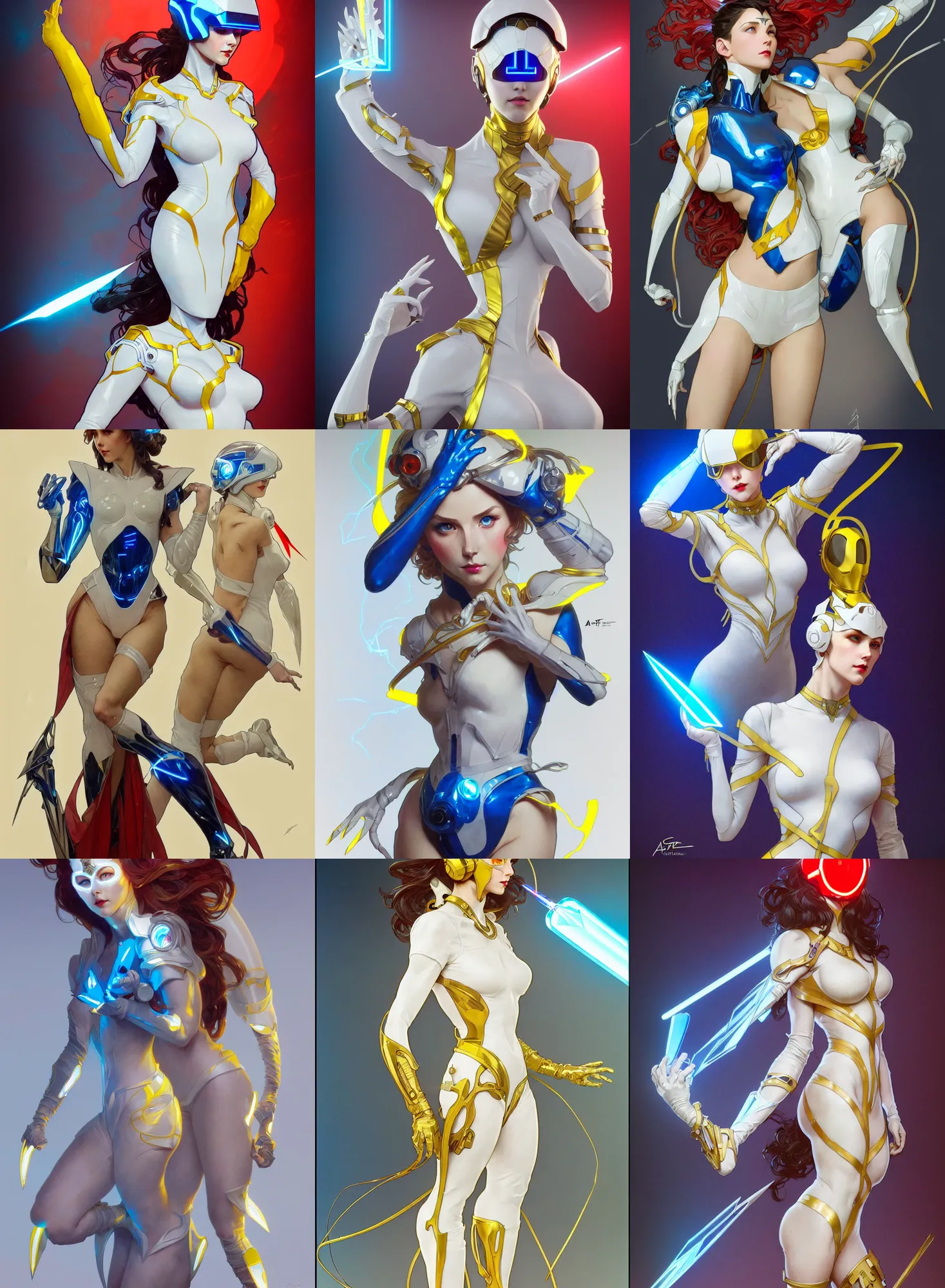 Image similar to a full body character design by artgerm, greg rutkowski and alphonse mucha. sci - fi dagger. laser white and yellow tape and red translucent plastic tape project show attctive showgirl!! sci - fi helmet electric blue eyes!! sharp edges. contour light effect!! ultra detailed, elegant, intricate, octane render.