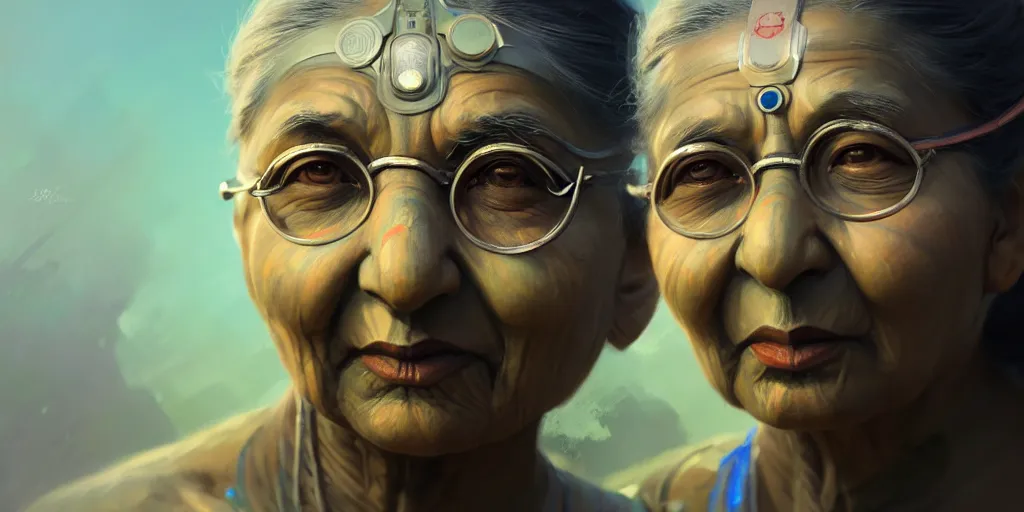 Image similar to ultra detailed face portrait of the mamatha gandhi as a cyborg, extremely detailed digital painting, in the style of fenghua zhong and ruan jia and jeremy lipking and peter mohrbacher, mystical colors, rim light, beautiful lighting, 8 k, stunning scene, raytracing, octane, trending on artstation