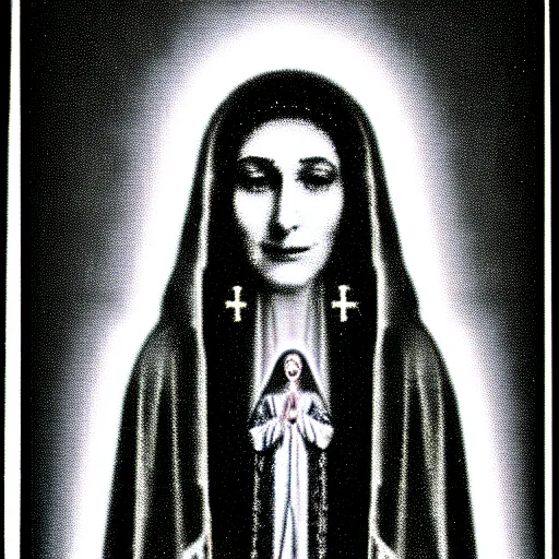 Image similar to vhs static overlay of marian apparition, vhs, 1 9 9 0, highly realistic, highly detailed, vhs noise static, black and white, vhs glitch