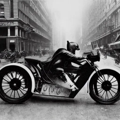 Image similar to old black and white photo, 1 9 1 3, depicting batman on a motorcycle from dark knight racing through the bustling streets of new york city, rule of thirds, three - point perspective, historical record