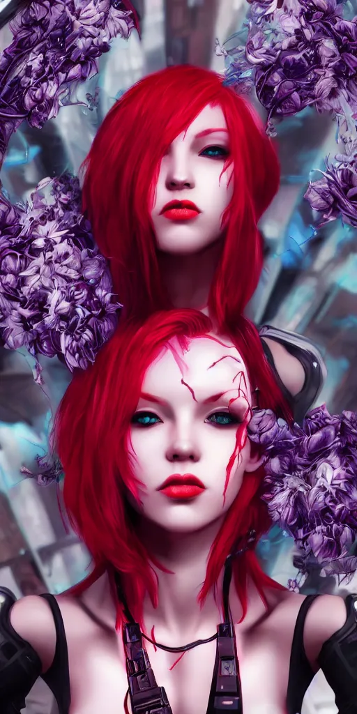 Image similar to Robot girl with red hair Cyber punk 2077, a very beautiful portrait, Devil May Cry game style, woman wrapped in lily flowers, photorealism