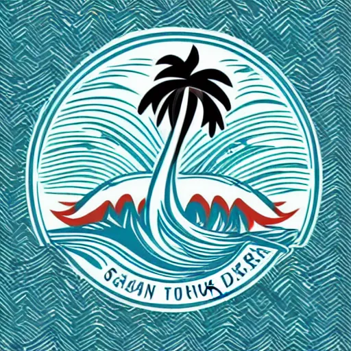 Image similar to waves in bottom front of a palm tree in front of a giant volleyball vector logo, professional sports style, flat colour, svg, professional, sharp edges