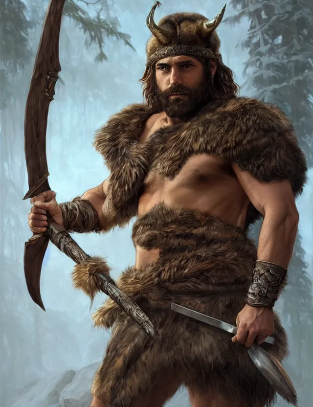 Image similar to full body portrait of a gruff ranger with a spear, wolf pelt on his head, muscular, handsome face, hairy body, D&D, fantasy, intricate, elegant, highly detailed, digital painting, artstation, concept art, matte, sharp focus, illustration, art by Artgerm and Greg Rutkowski and Alphonse Mucha