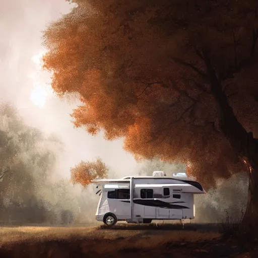 Image similar to an rv under a cottonwood tree, dramatic lighting, illustration by greg rutkowski, yoji shinkawa, 4 k, digital art, concept art, trending on artstation