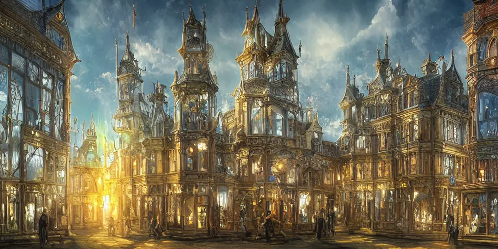 Prompt: Distorted victorian town covered in clear translucent material like glass, fantasy art