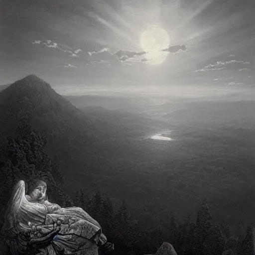 Prompt: A widow looks from a mountaintop, mountains, gorgeous view, velly distant forest, distant city, distant glow, night, moon, dramatic light, Chiaroscuro, long shadows, dark, thunderclouds, masterpiece, high detail, detailed, illustration by Paul Gustave Doré