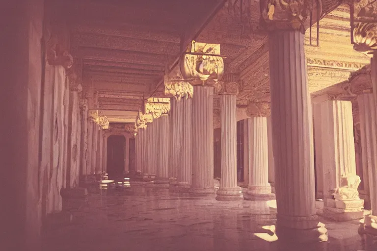 Image similar to the sun in a marble temple, film photography, soft lighting, nostalgia, 8 mm